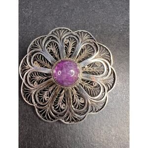 Vintage filigree amethyst sterling silver brooch made in Jerusalem